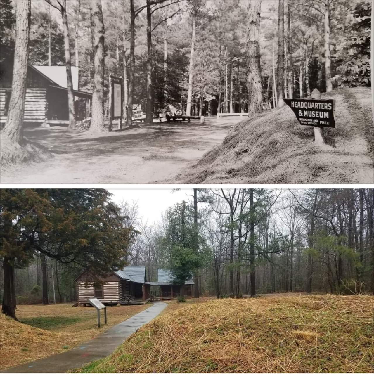 Fort Harrison Then and Now A black and white historic photo of a log cabin over a modern, color photo of the same structure.