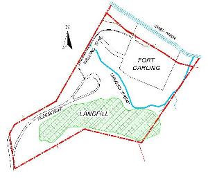 A small map showing an historic site, "Fort Darling" and a landfill site inside a red boundary marker.