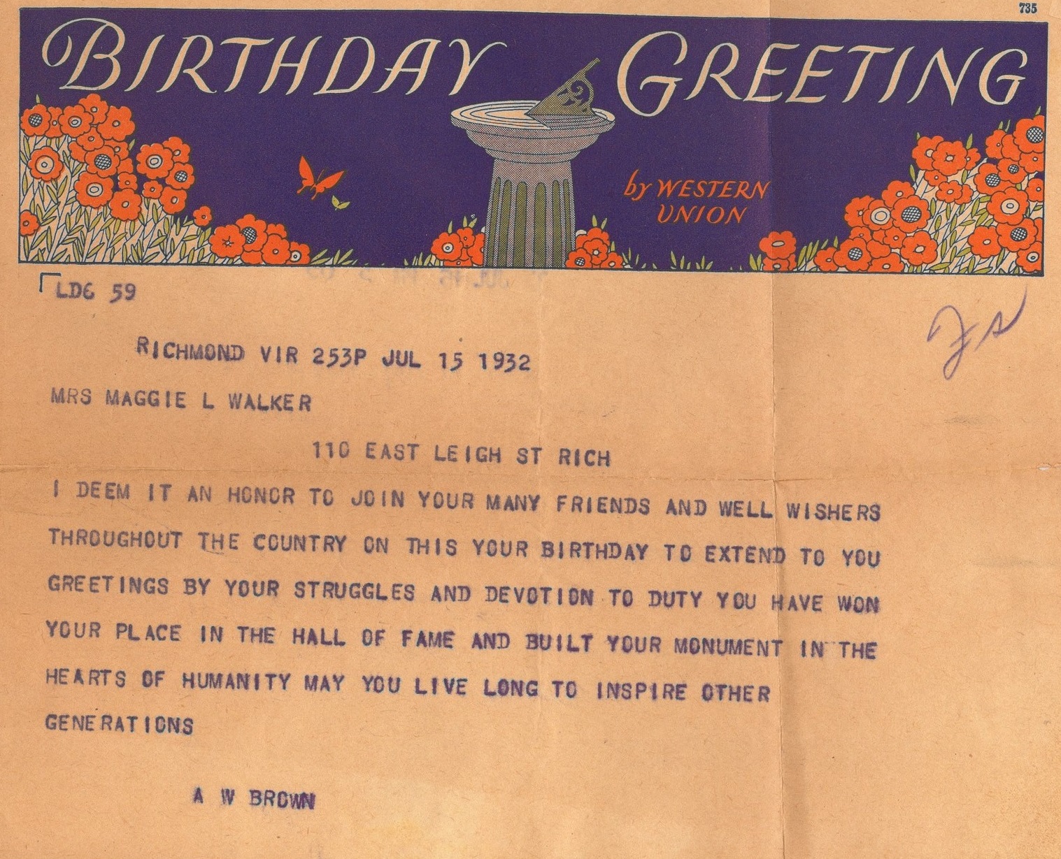 A typed telegram page with the printed heading "Birthday Greeting by Western Union" dated July 15, 1932.