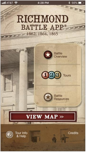 Screen capture of a smartphone menu displaying a menu for Richmond Battle App