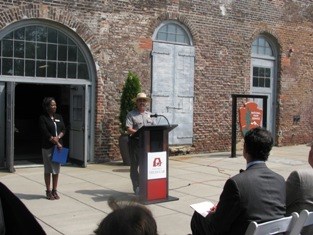 RICH Superintendent Dave Ruth and American Civil War Center President Christy Coleman announce the opening of the new visitor orientation center at Historic Tredegar.  (NPS photo)