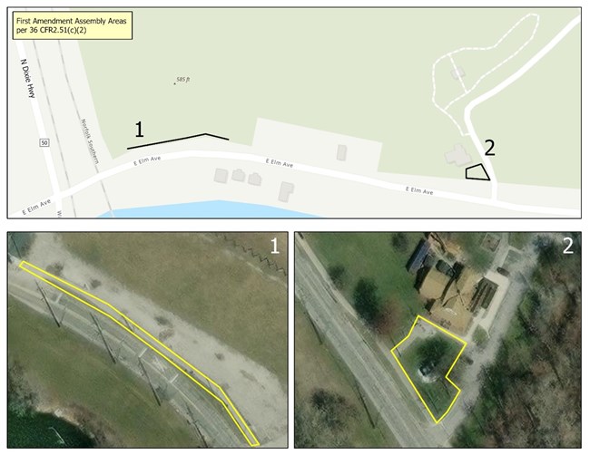 1) At the junction of N. Dixie Highway and E. Elm Ave, before the railroad tracks, in a small parking pullover area. 2) Elm Ave in front of the old visitor center, address 1403 East Elm where the visitor center parkway meets E. Elm Avenue.