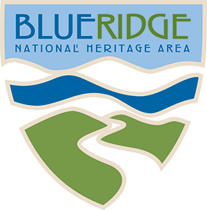An arrowhead-shaped logo with blue and green text that says, "Blue Ridge National Heritage Area" in all capital letters, above curvy lines with blue and green sections that show rolling mountains and a road through them.