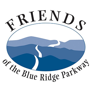 An oval image of rolling mountains with a road running through them encircled by text that says, "Friends of the Blue Ridge Parkway".
