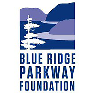 A rectangular logo with navy blue text that says, "Blue Ridge Parkway Foundation", below a graphic of rolling mountains, a tree, and a road running at the base of the mountains.