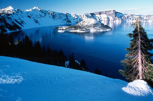 Crater Lake with Wizard Island in winter