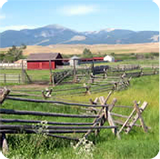 Grant-Kohrs Ranch Wooden cattle fences stand in a pasture with a red bard in background.