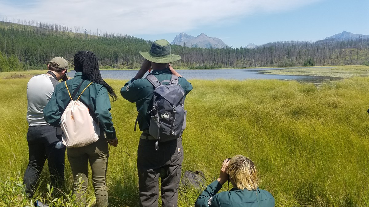 Students sit and stand in grassy meadow looking through binoculars at a lake. Mountains rise in the background.