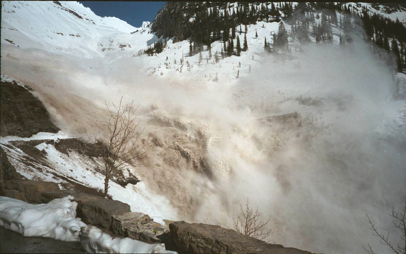 A cloud of snow and debris rises from an avalanche ripping down the mountainside over the Going-to-the-Sun Road.