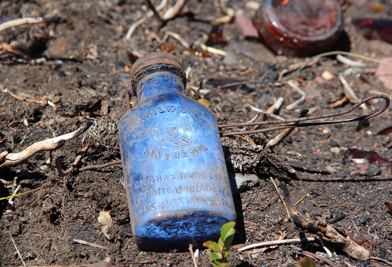 Small, bright-blue bottle lies on the ground.