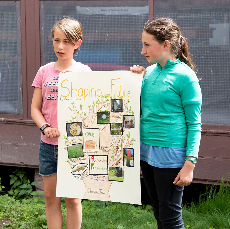 Two girls hold up a poster with the title, "Shaping our Future" on it.