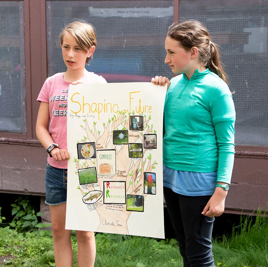 PhotoVoice Presentation Two girls hold up a poster with the title, "Shaping our Future" on it.