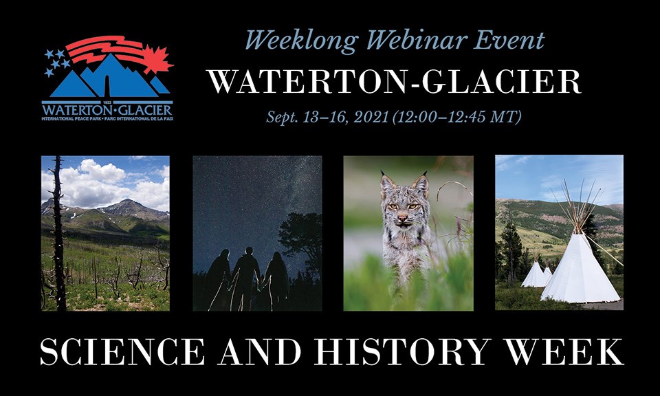 SH Day Promo Promo image for Science & History Day has four photos showing burned landscape, people looking up at night sky, a Canada lynx, and tipis.
