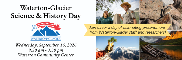 Banner with event details and photos of a pika, an oil compressor on a lakeshore, a hand holding a baby tree, and two park rangers smiling.