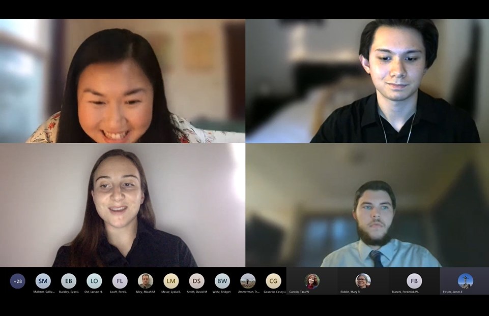 Four students are shown in separate boxes during a video conference call.