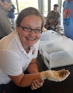 A woman leans over a table and smiles at the camera. She holds a baby turtle in the palm of her gloved hand.