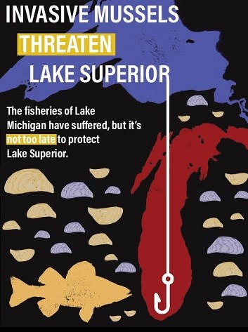 A colorful graphic features the shapes of Lakes Superior and Michigan. Text reads: Invasive Mussels Threatened Lake Superior, The fisheries of Lake Michigan have suffered, but it’s not too late to protect Lake Superior.