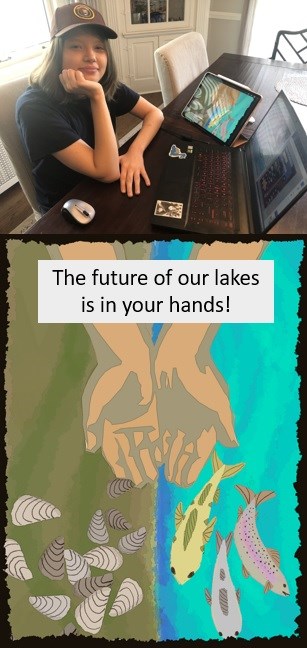 Photo of a woman sitting in front of her computer above a graphic of two arms reaching out, one over invasive mussel infested water and the other over clean water with fish.  Text reads, "the future of our lakes is in your hands."