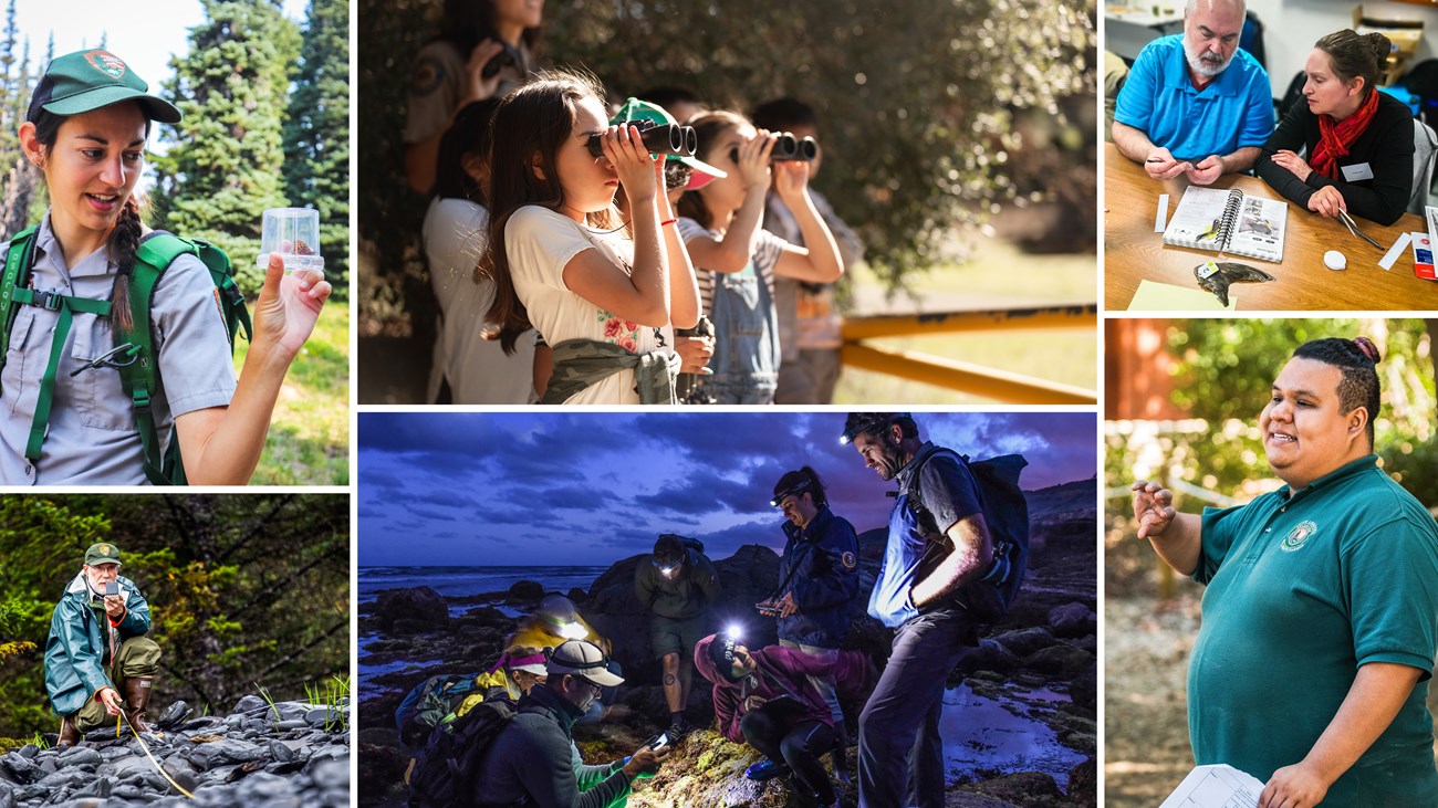 Collage of six images of individuals and groups engaged in scientific research and outreach.