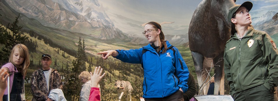 instructors stand in front of stuffed moose while students ask questions