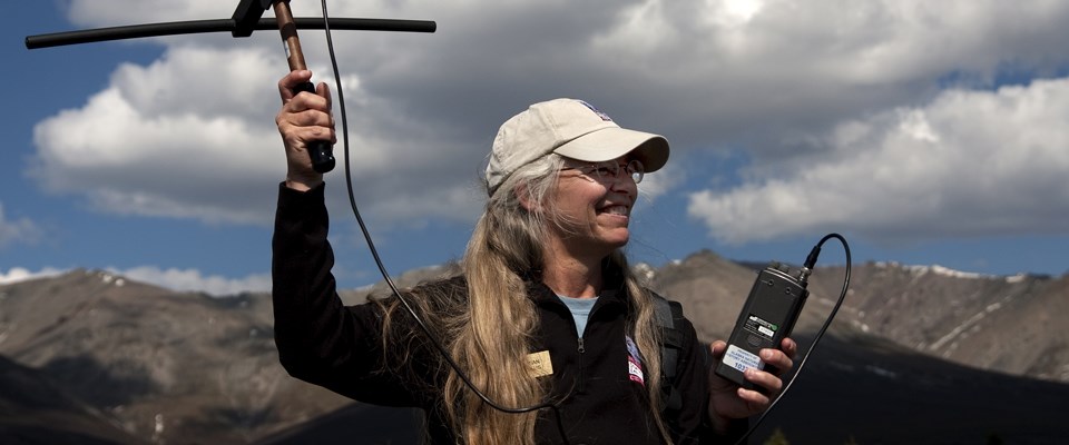 an mslc staff member holds a radio antenna up outside an mslc staff member holds a radio antenna up outside