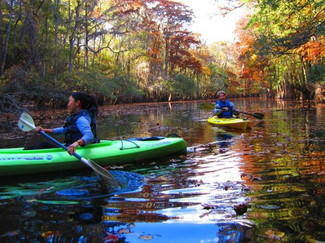Two interns kayak on the Chattahoochee River on an Autumn day