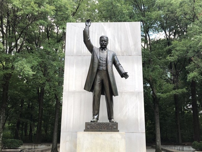 A bronze statue of Theodore Roosevelt, surrounded by trees.