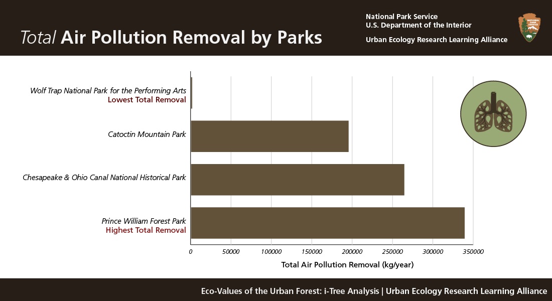 Total Air Pollution Removal by Parks. Prince William has the highest (340,000 kg/year) followed by Chesapeake and Catoctin. Wolf Trap has the lowest (1,240 kg/year).