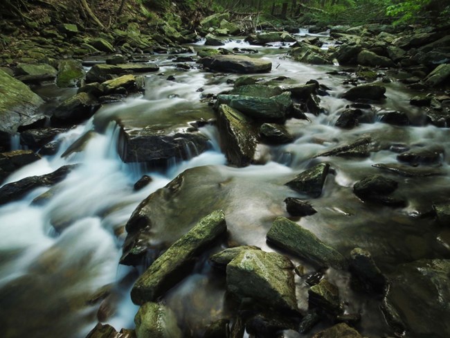 Rushing water over rocks in a Catoctin Mountain Park cree