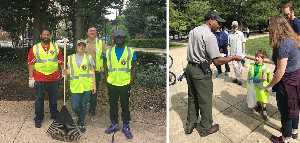 SOLVE - National Public Lands Day Left picture: Four SOLVE volunteers standing in a small park, one volunteer holding a rake. Right picture: Park Ranger handing slip of paper to young boy volunteering.