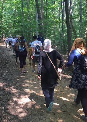 Hikers on a wooded trail