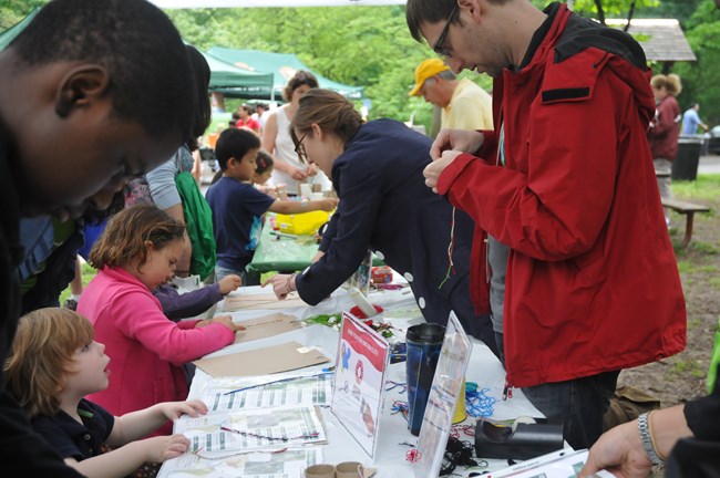 International Migratory Bird Day visitors gather around craft tables International Migratory Bird Day visitors gather around craft tables