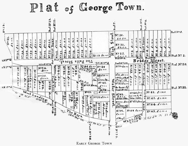 a black and white line drawing showing the original plots that made Georgetown