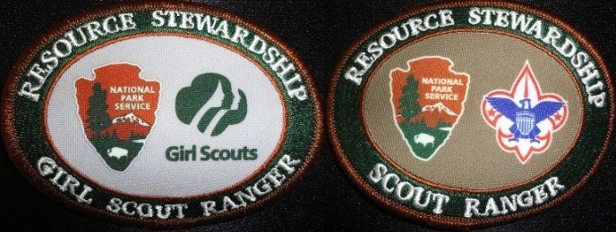 Boy Scout Ranger Resource Stewardship Patch next to the Girl Scout Ranger Stewardship Patch