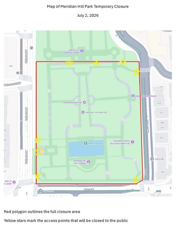 Map of the Closure Area in Meridian Hill Park on July 2 2026