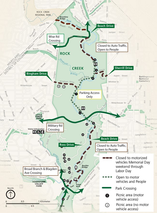 Map shows Rock Creek park with sections of Beach Drive in the northern and southern portions of the park closed to motorized vehicles between Memorial Day weekend and Labor Day.