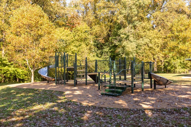 green and silver playground equipment on a tan surface; trees with fall hues in the background