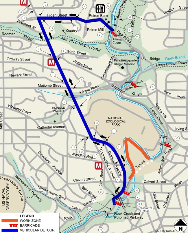 Map showing temporary, weekday road closure on Beach Drive NW along with detour route for drivers.