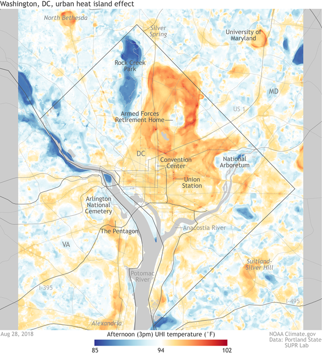 A thermal map showcasing the temperatures in and around DC.