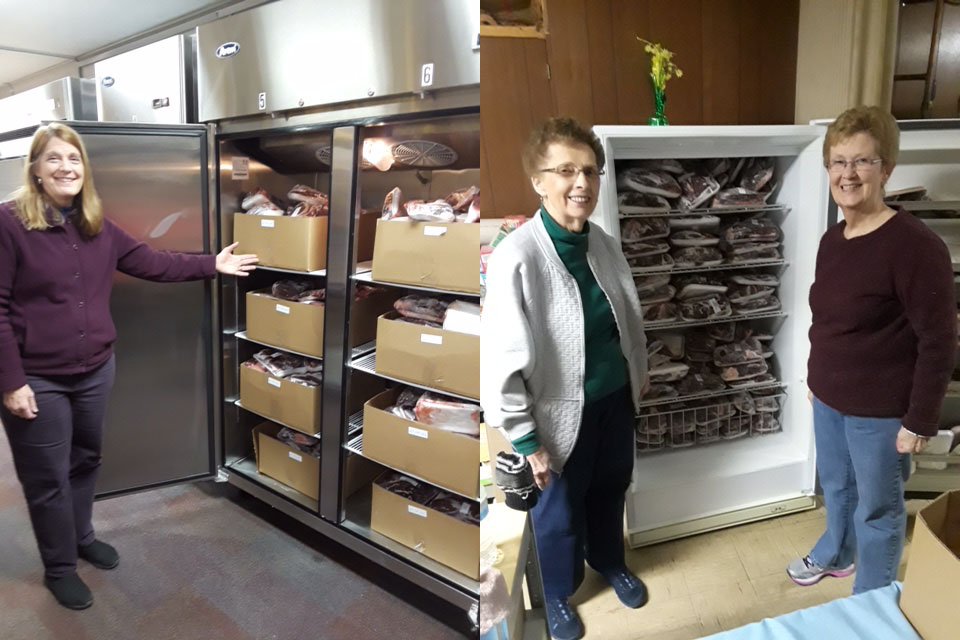 Venison Donations Two images. On left a woman gestures to a freezer filled with venison. On right, 2 smiling women stand before a filled freezer.