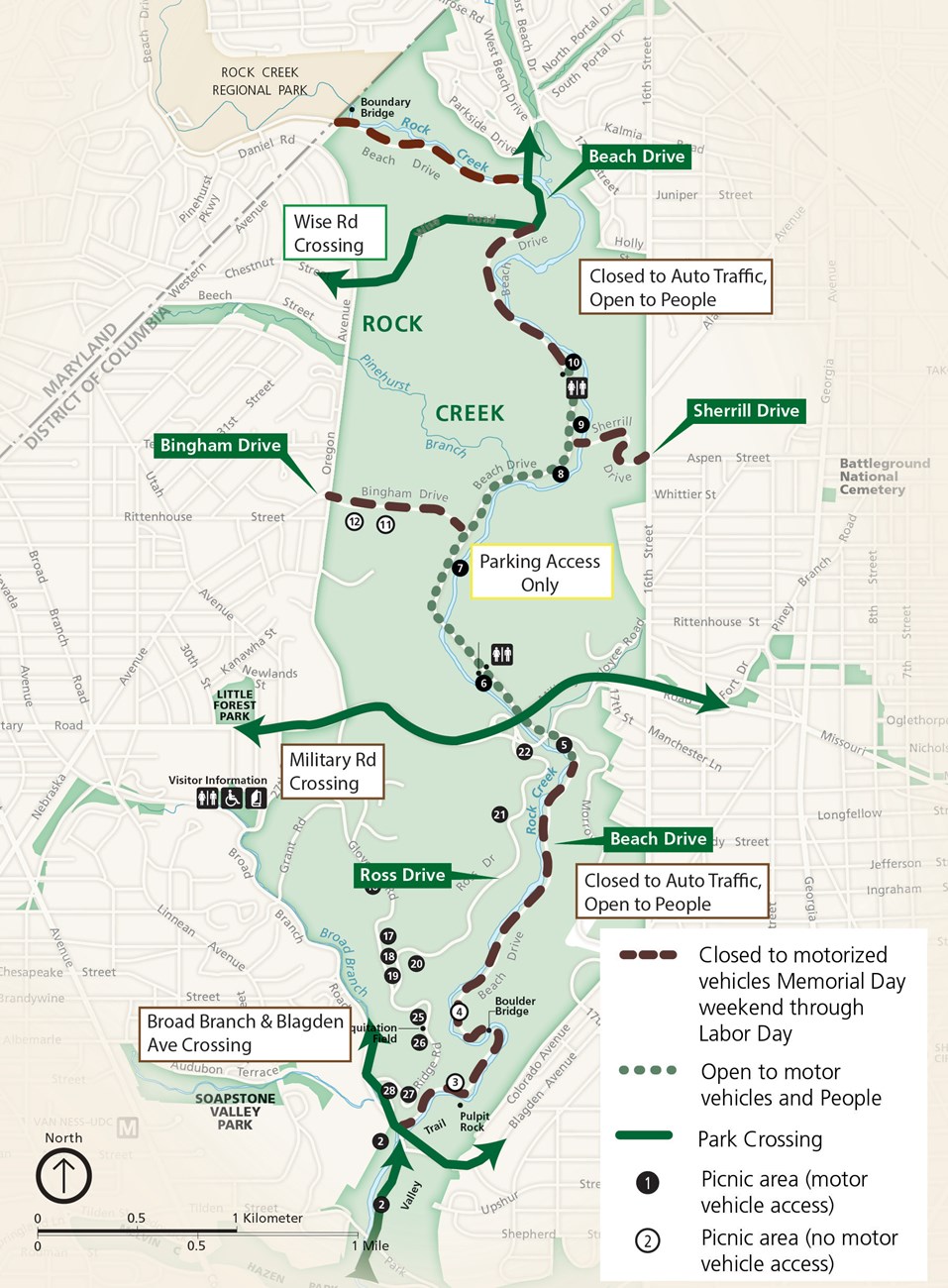 ROCR-closed-to-vehicles-mem-day-weekend-through-labor-day Map of Beach Drive with noted proposed road closures.