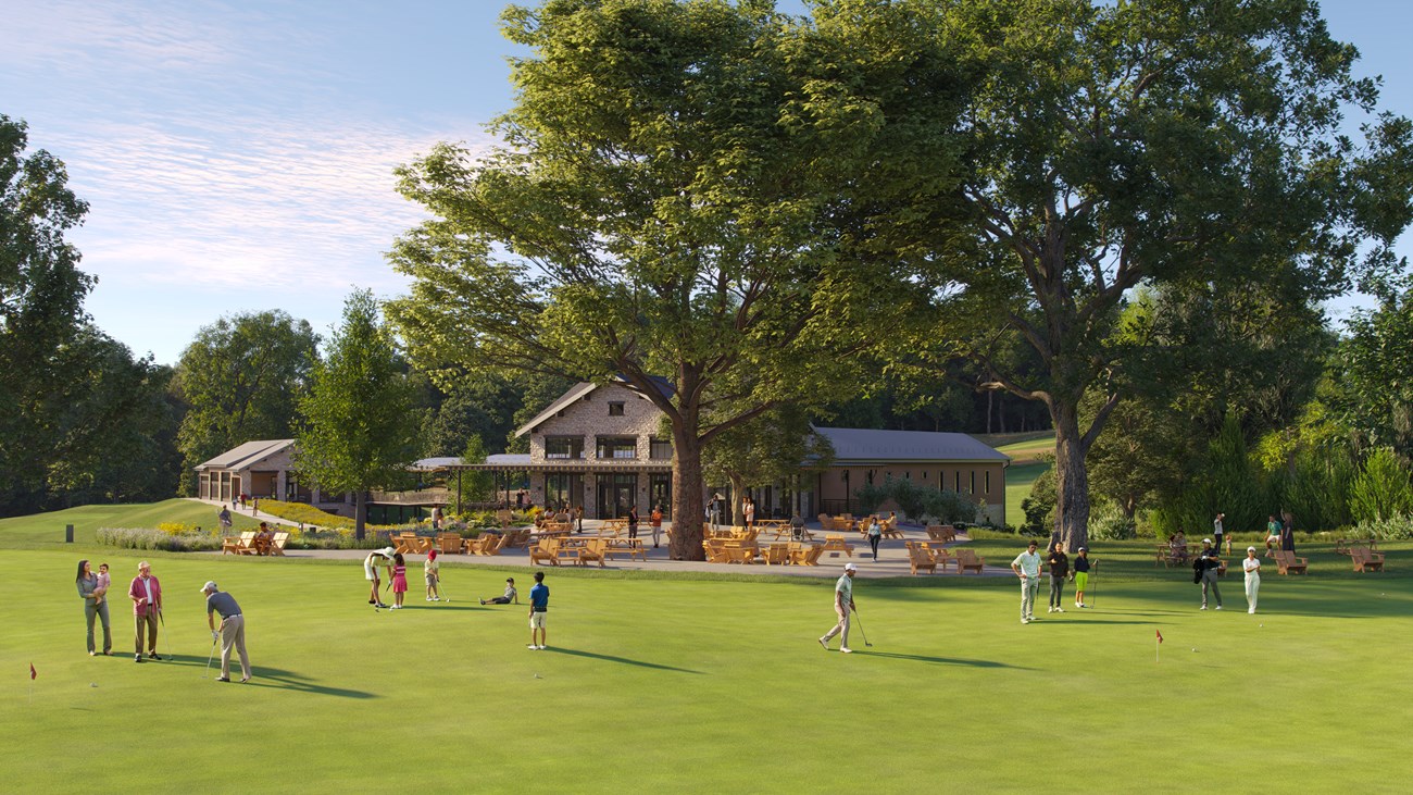 a digitally rendered image showing people using a putting green in front of a golf clubhouse building