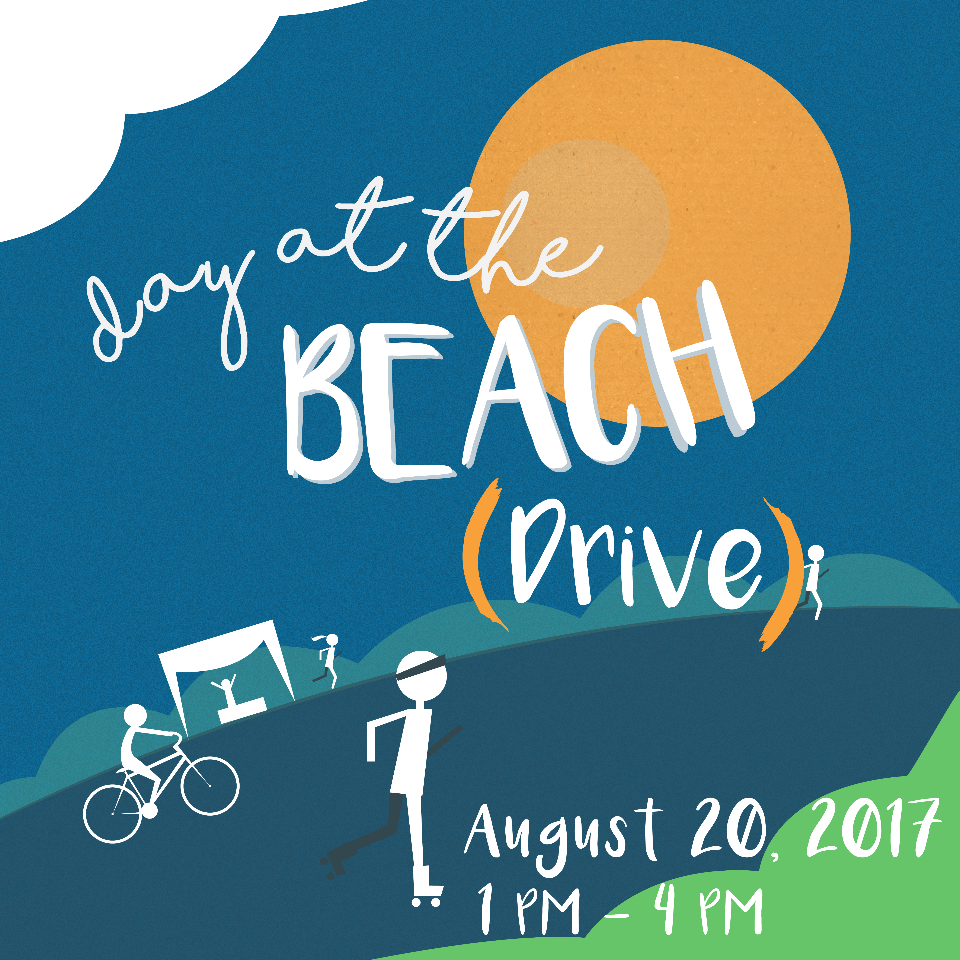 Logo shows a walker, runner, and rollerblader and invites people to come to the Beach Drive Block Party on August 20, 2017, from 1-4 p.m. Logo shows a walker, runner, and rollerblader and invites people to come to the Beach Drive Block Party on August 20, 2017, from 1-4 p.m.