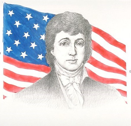 Portrait of a youthful Francis Scott Key superimposed over a waving "star spangled banner"