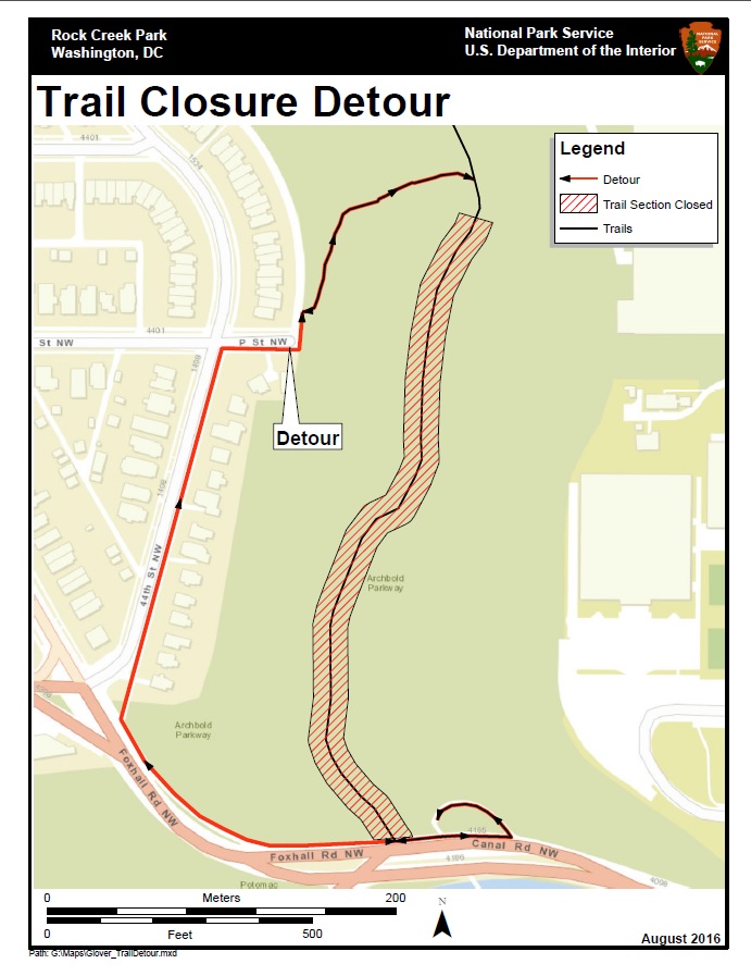 A detailed map of trail closure detours in Rock Creek Park.