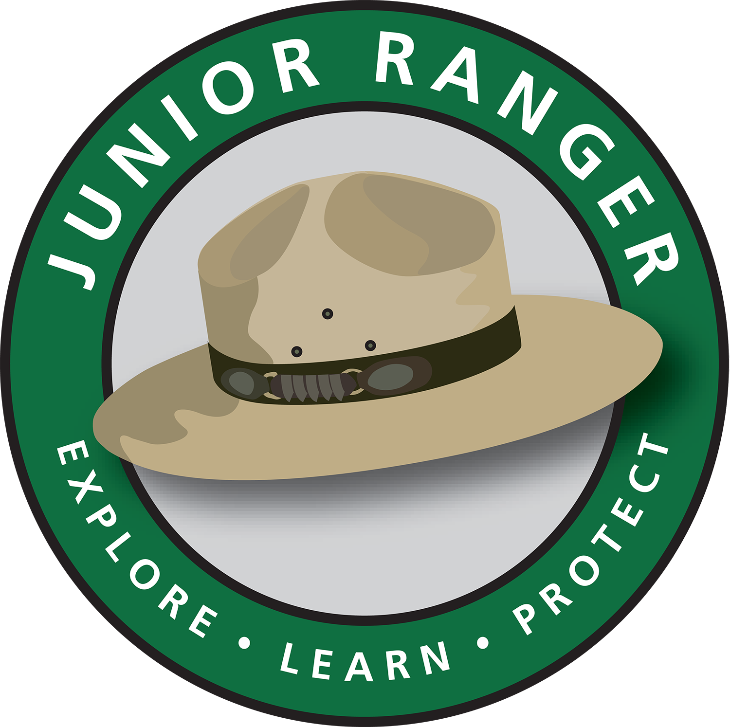the junior ranger logo; a park ranger hat in the middle with a green circle around it. White text on the circle reads “Junior Ranger, explore, learn, protect”