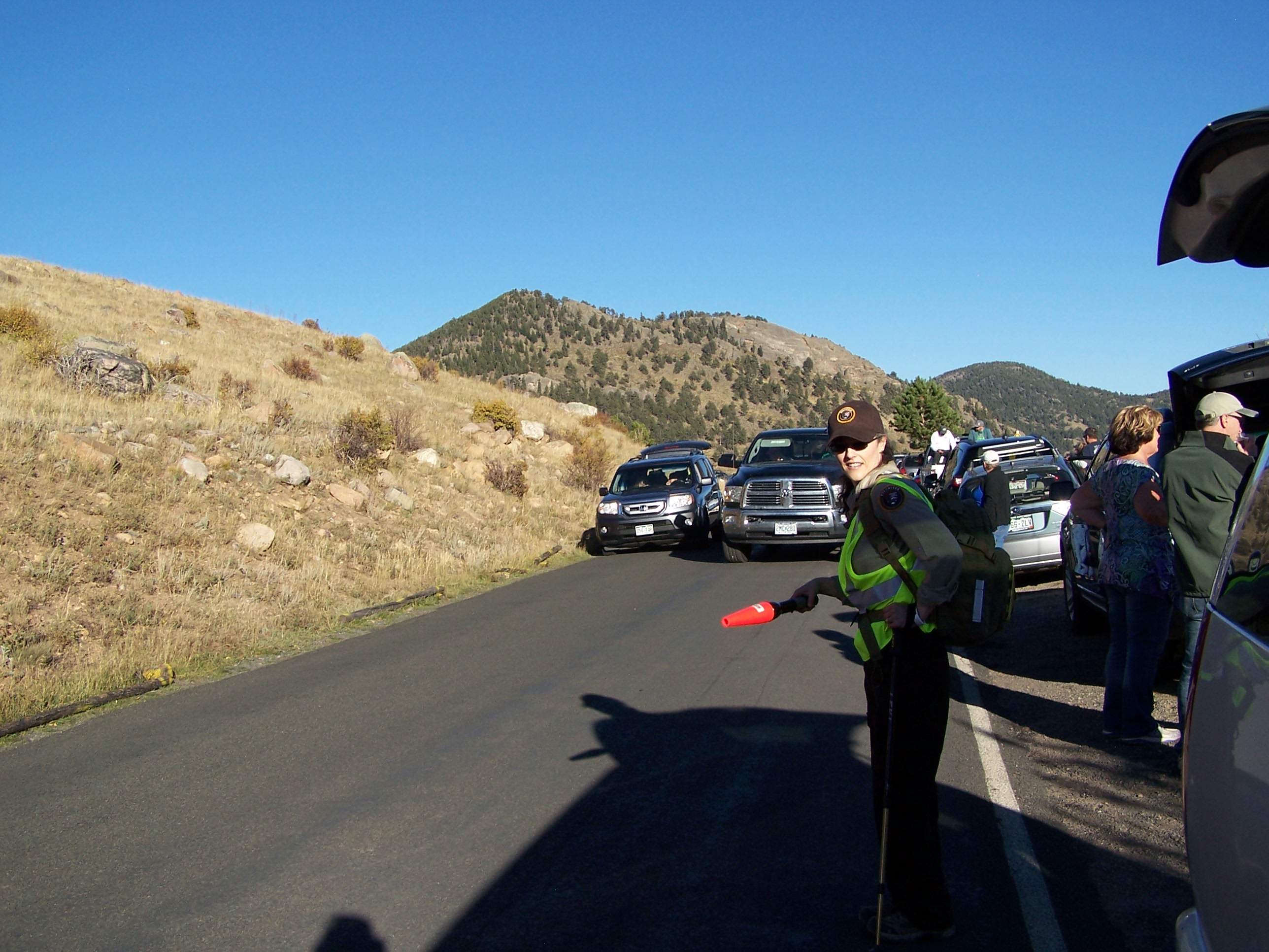 Lynne Allred directing traffic
