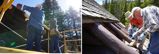 Volunteers repairing historic building. Volunteers repairing historic building.