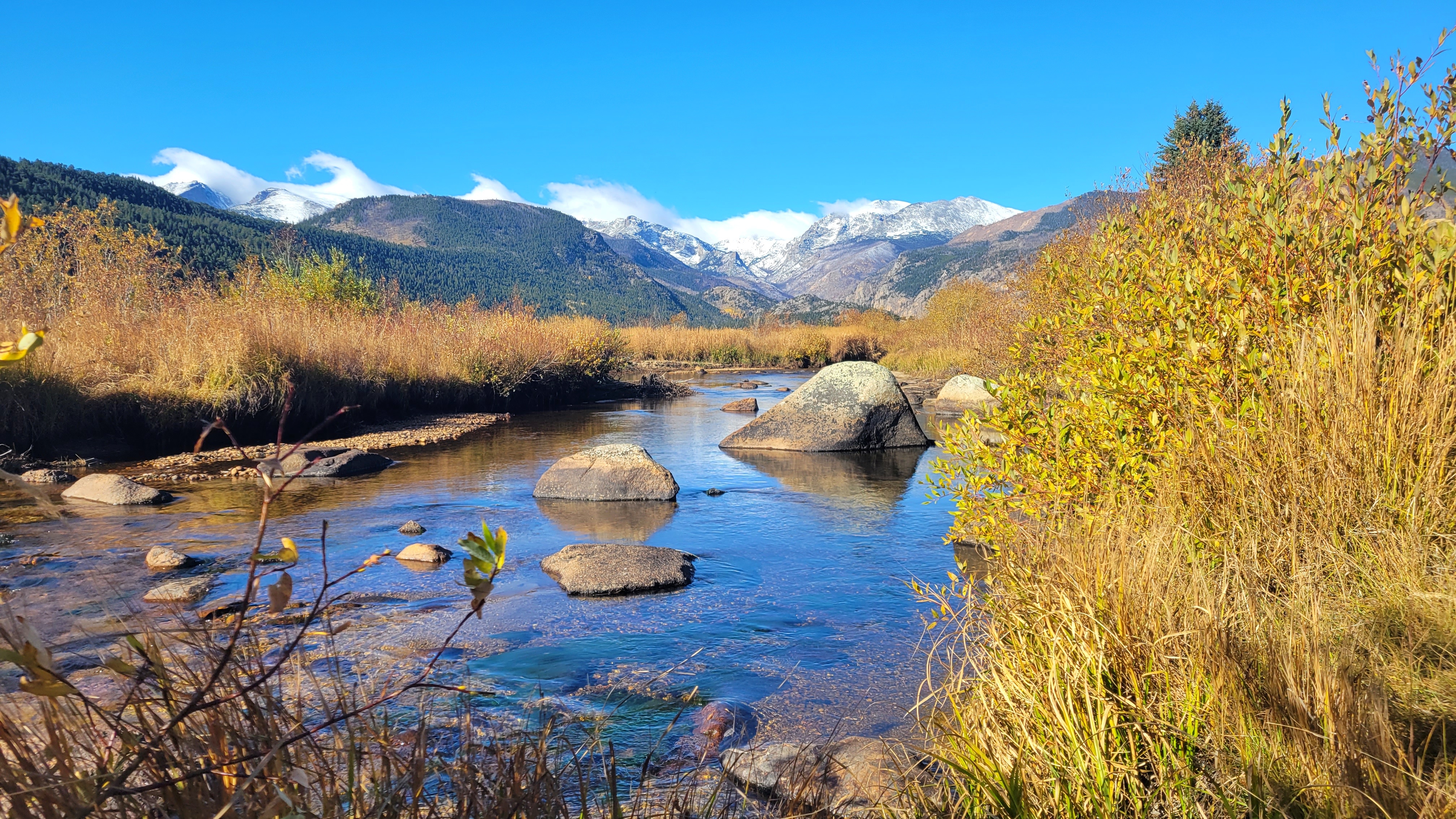 Scenic view of mountain peaks along the Continental Divide and Moraine Park meadow in summer