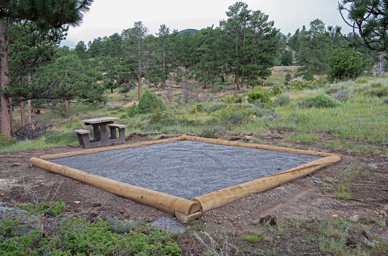 New tent pad has been built in a campsite